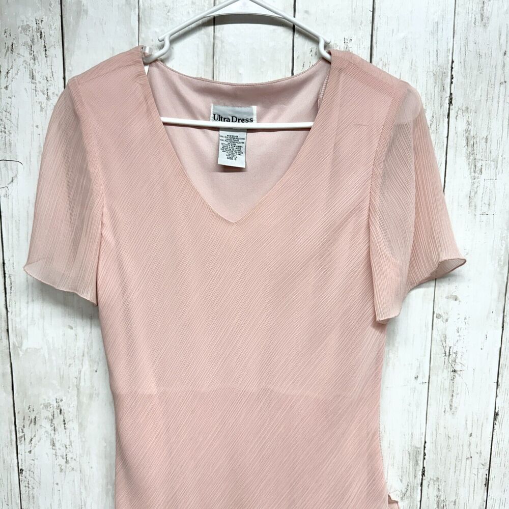 Ultra Dress Maxi Women Size 8 Pink Abstract Asymmetrical Deep V‎ Neck Sheer
